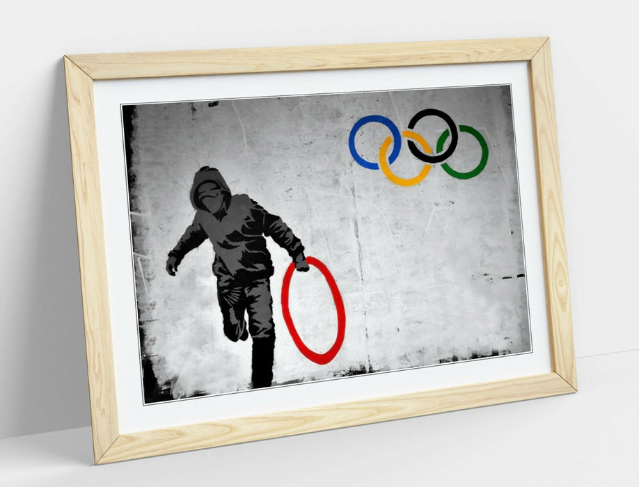 BANKSY OLYMPIC RINGS -ART FRAMED POSTER PICTURE PRINT ARTWORK- RED YELLOW BLUE