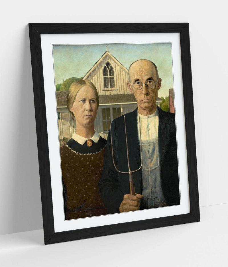 American Gothic Art Print – Handmade Framed Art Poster With Wood Grain Frame