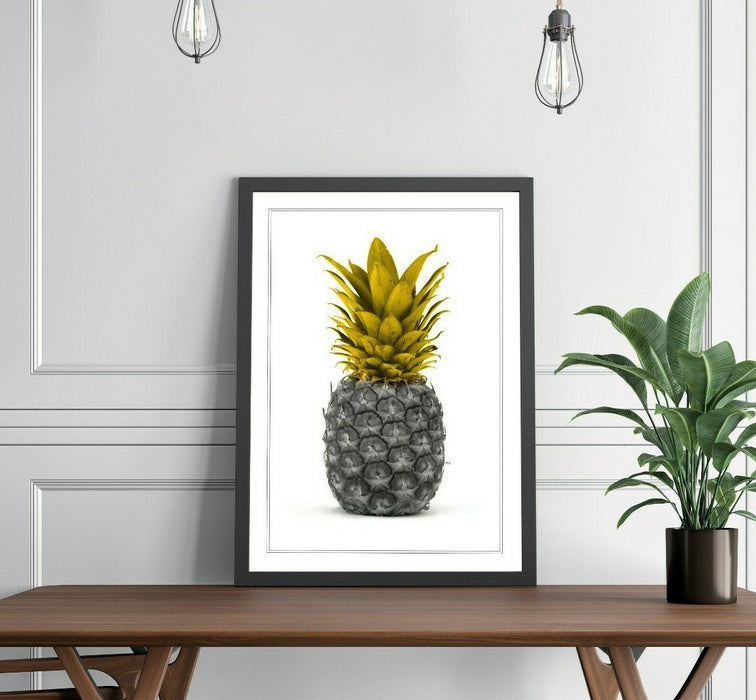 Framed Pineapple Poster – Mustard Yellow Art Print With Woodgrain Faux Frame