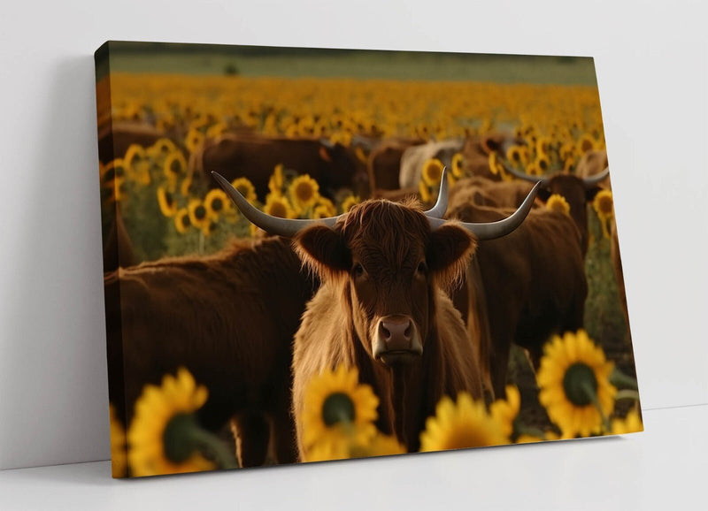 Highland Cows Canvas – Sunflower Field Art with Rustic Landscape Wall Decor