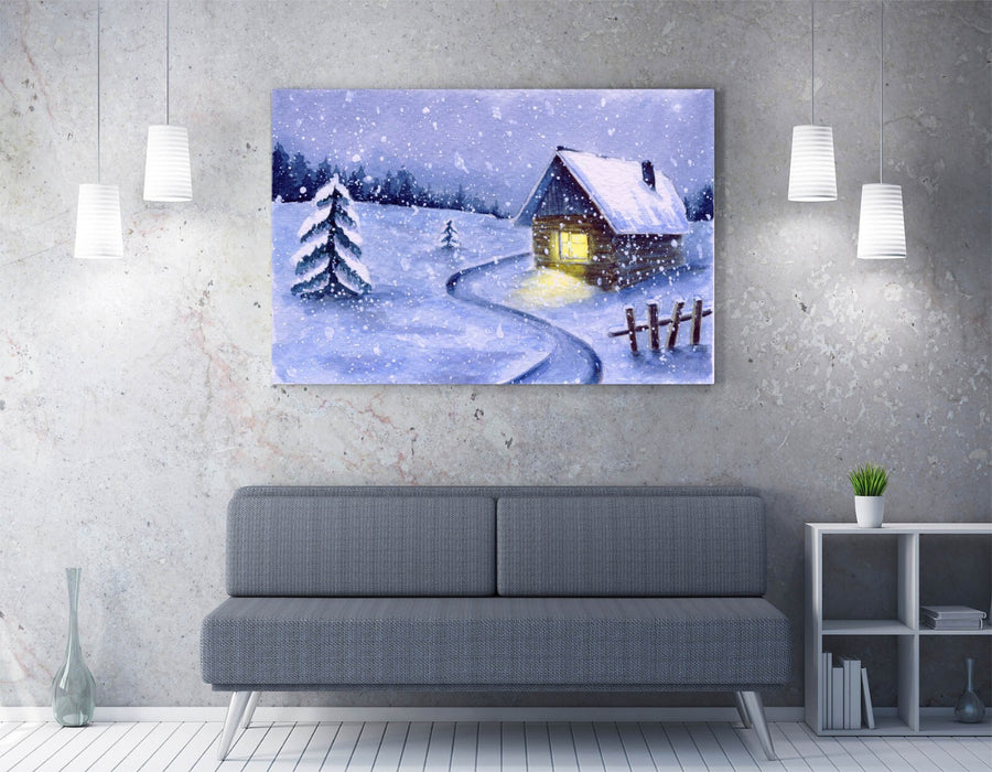 Watercolour Cabin Canvas - Winter Wall Art | Snowy Illustration Print, Ready To Hang