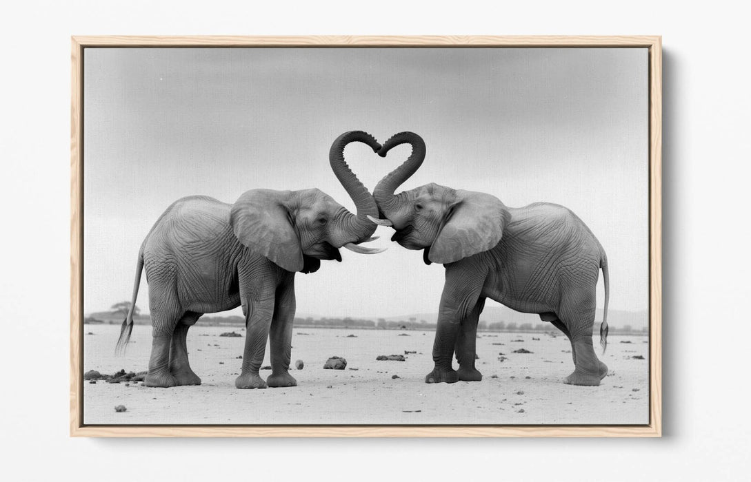 Canvas Wall Art - Black White Elephants Love Heart Float Effect Print