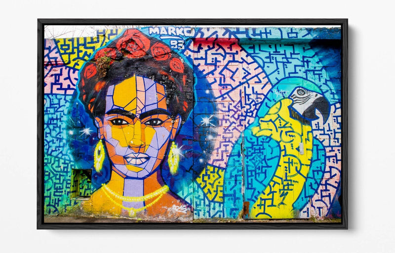 Frida Kahlo Canvas Art - Colorful Parrot Graffiti Decor | Float Effect Wall Print