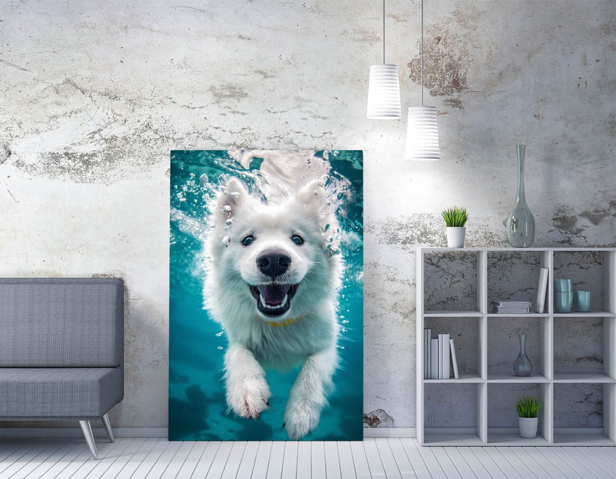 Samoyed Dog Canvas - Cute Smiling Underwater Dog Wall Art Print With Vibrant Color