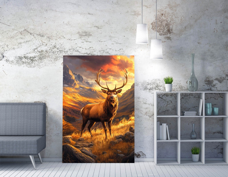 Stag Canvas Wall Art - Majestic Wildlife Print With Sunset Landscape