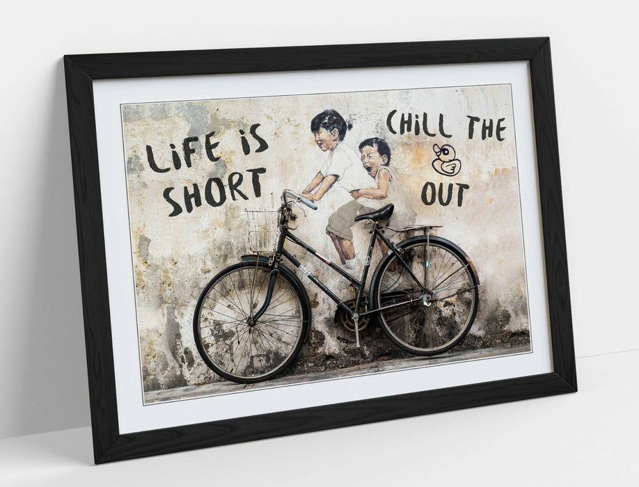LIFE IS SHORT KIDS ON BIKE -ART FRAMED POSTER PICTURE PRINT ARTWORK- BEIGE BLACK
