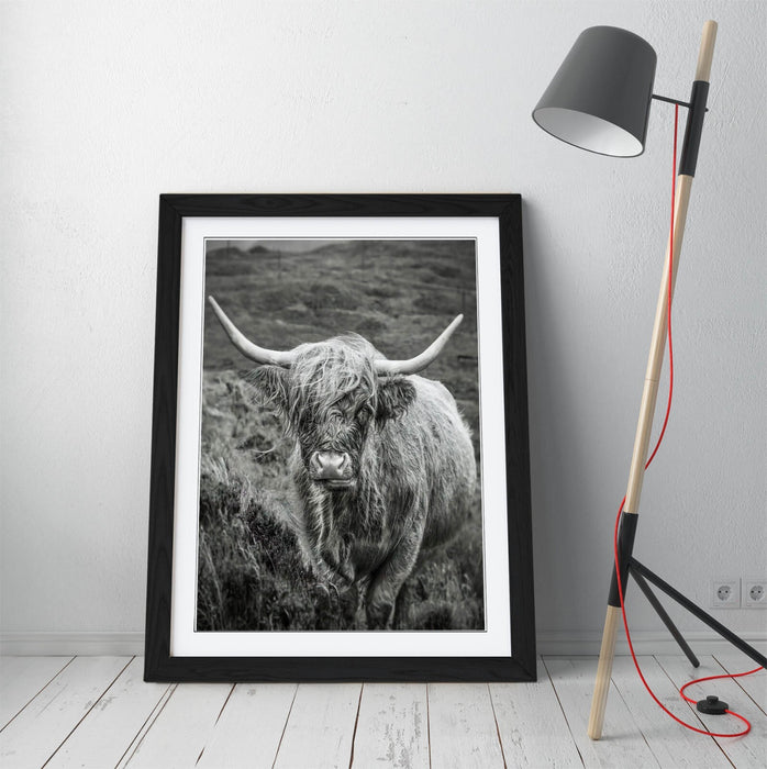 Highland Cow Wall Art – Black and White Poster with Natural Wood Frame | UK Handmade