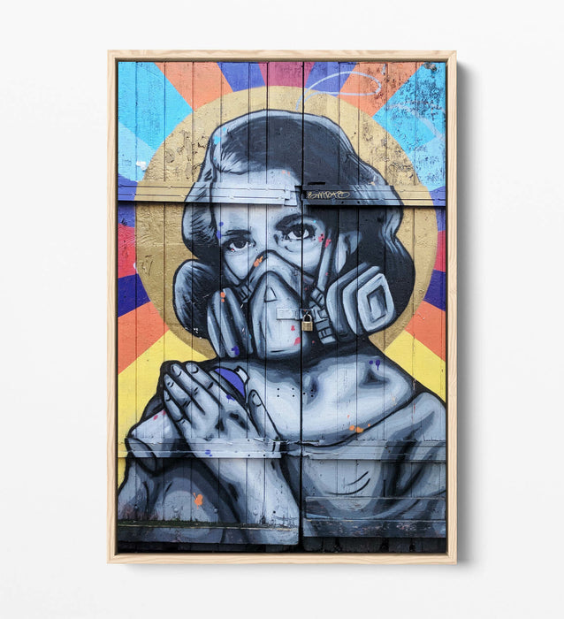 WOMAN GAS MASK EAST LONDON GRAFFITI 1 -FLOAT EFFECT CANVAS WALL ART PIC PRINT