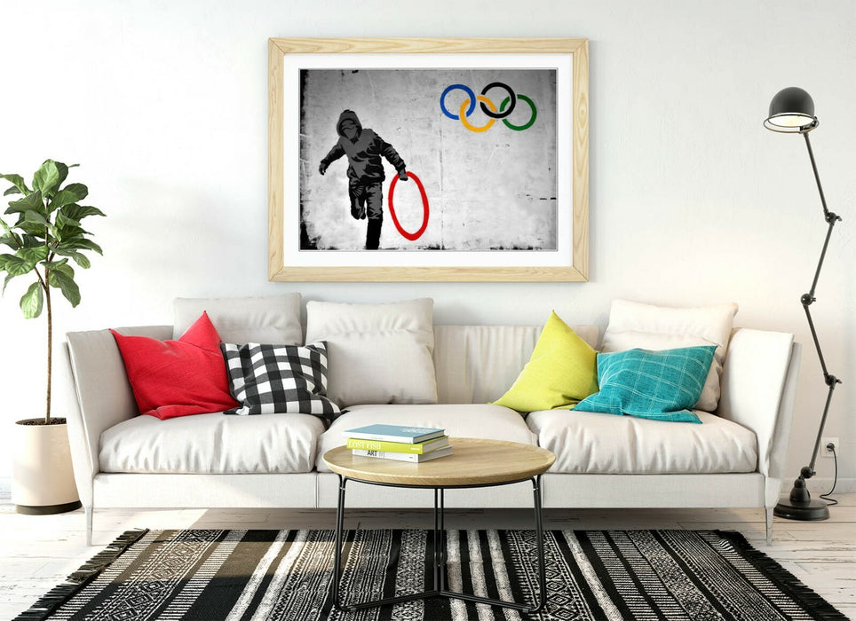 BANKSY OLYMPIC RINGS -ART FRAMED POSTER PICTURE PRINT ARTWORK- RED YELLOW BLUE
