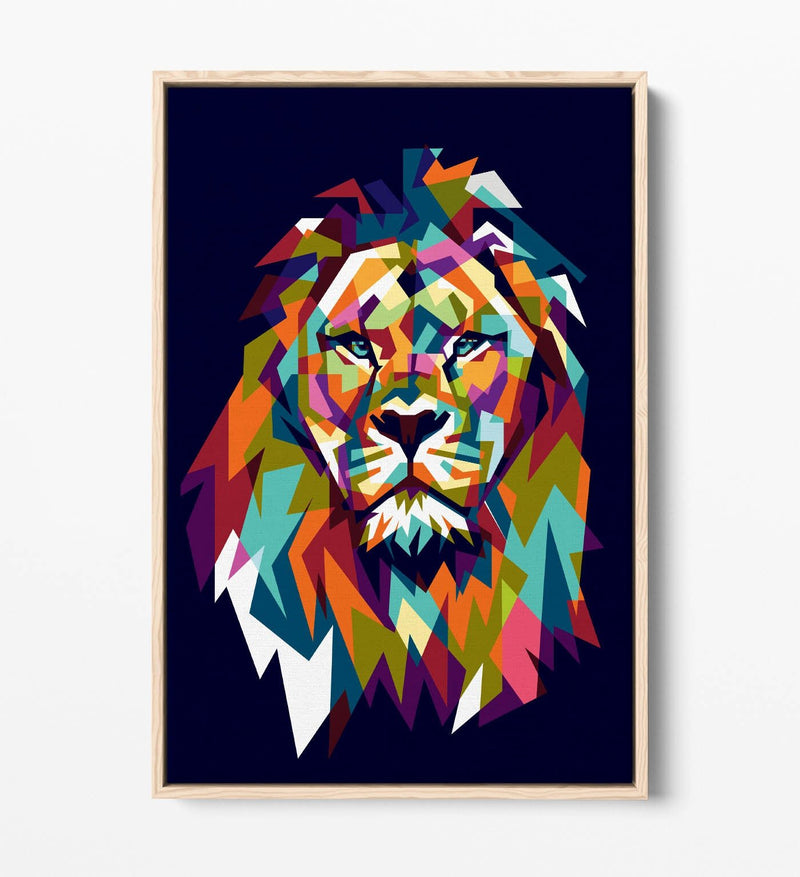 Lion Head Canvas Art - Multi Colour Geometric Wall Decor With Float Effect Frame