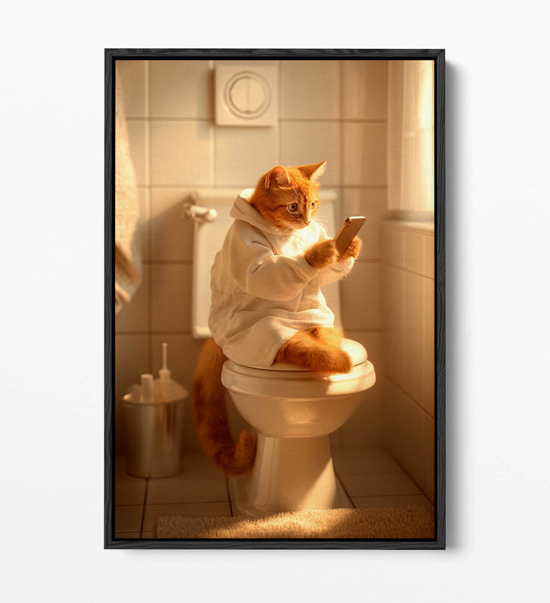 Funny Bathroom Canvas - Cat Wearing Robe Toilet Humor Artwork | Premium Float Effect Print