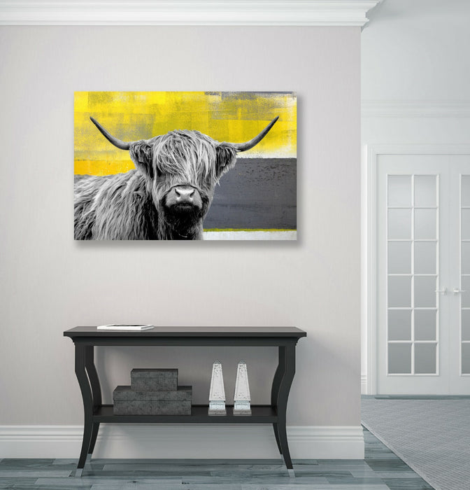 Highland Cow Canvas – Yellow Grey Abstract Animal Wall Art Print | Premium Canvas
