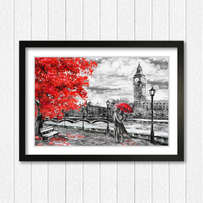 London Big Ben Grey Red Umbrella Wall Art Picture Framed Poster Print 4 sizes