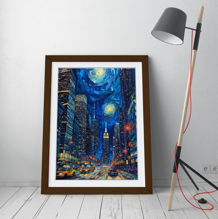 Framed Wall Art – New York Cityscape Starry Night Van Gogh Print | Handmade Matte Paper Poster