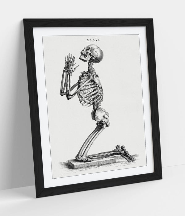 Framed Skeleton Wall Art – William Cheselden Praying Skeleton Poster Print in Wood Grain Frame