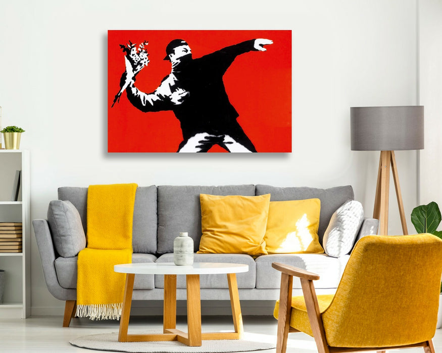 BANKSY LOVE IS IN THE AIR FLOWER CANVAS WALL ART PRINT ARTWORK GRAFFITI RED