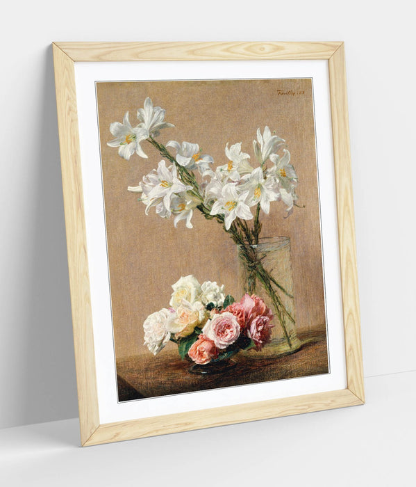 Framed Wall Art - Roses And Lilies Print | Handmade UK Frame, Matte Poster