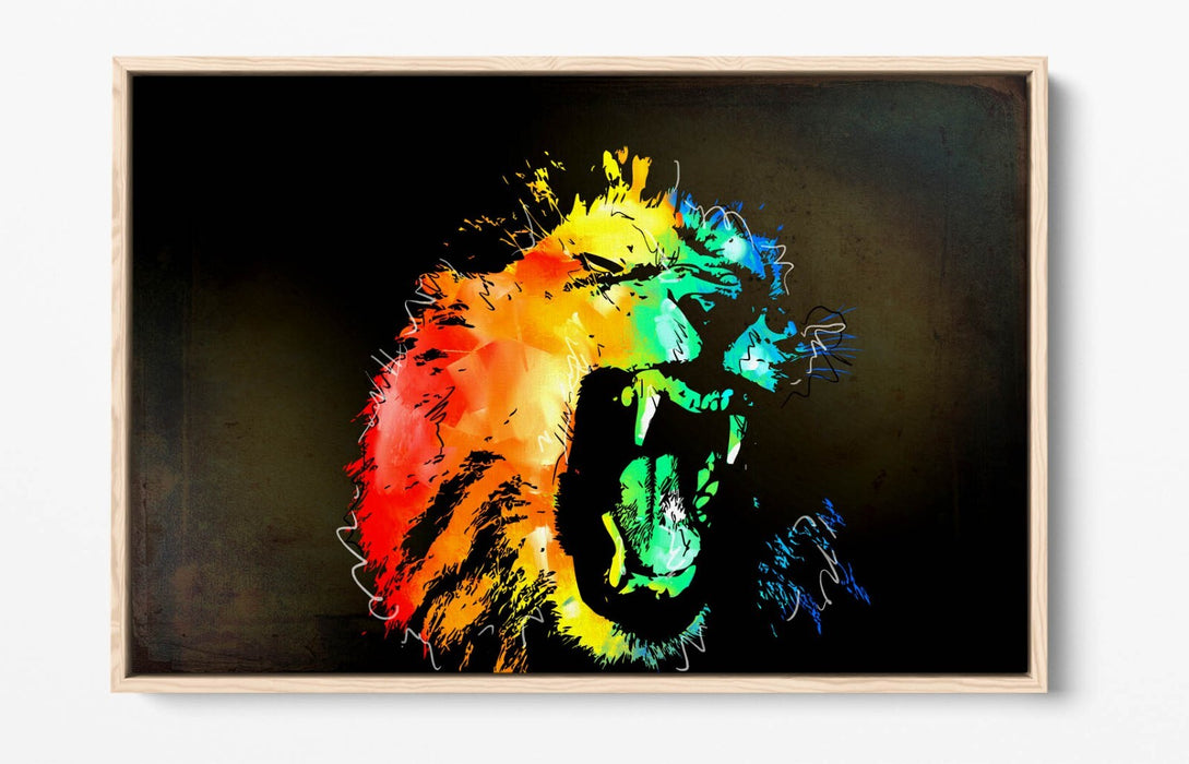 MULTI COLOUR LION SKETCH BLACK BACKGROUND -FLOAT EFFECT CANVAS WALL ART PRINT
