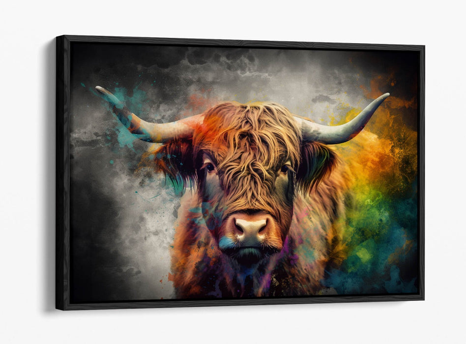 Canvas Wall Art – Highland Cow Multi Colour Print | Float Effect Frame, Handmade