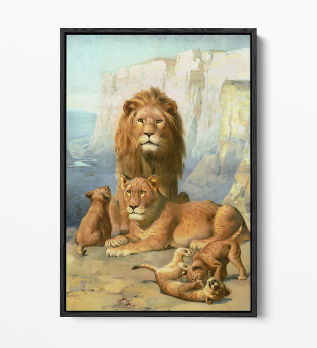Lion Canvas Wall Art – Handmade UK Canvas With Float Effect & Cubs Print