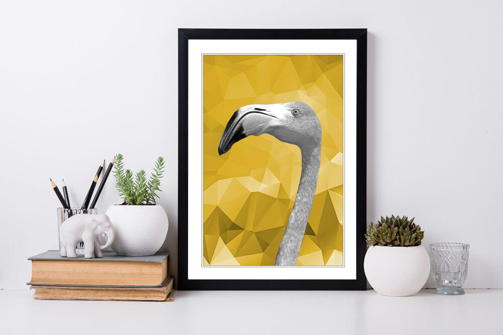 Framed Poster Wall Art – Flamingo Black White Yellow Mustard Geometric Print