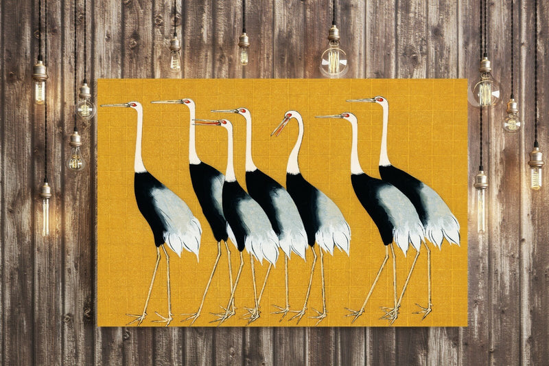 Mustard Canvas Wall Art – Oriental Crane Artwork | Handmade Japanese Decor Print