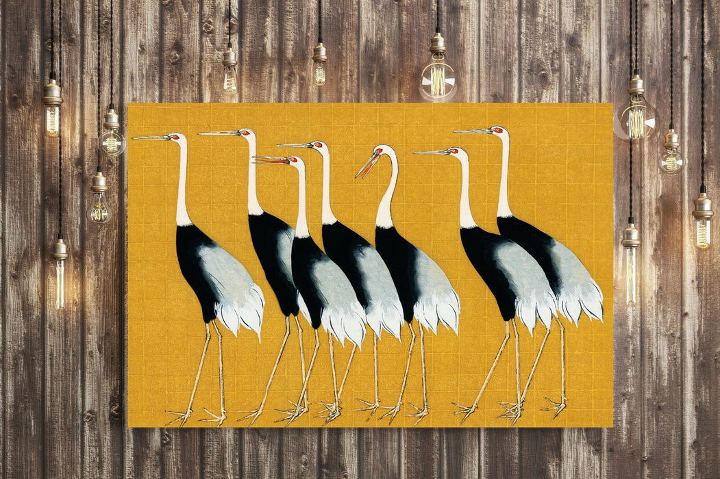 Mustard Canvas Wall Art – Oriental Crane Artwork | Handmade Japanese Decor Print
