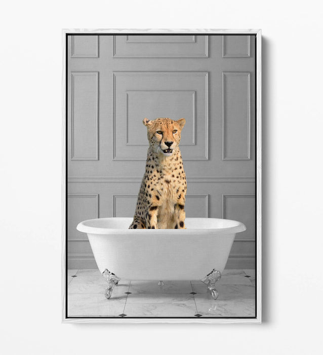 CHEETAH IN BATHTUB -QUIRKY BATHROOM FLOAT EFFECT CANVAS WALL ART PIC PRINT