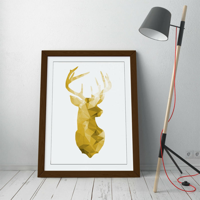 Framed Stag Head Poster – Mustard Yellow Geometric Wall Art with Woodgrain Frame