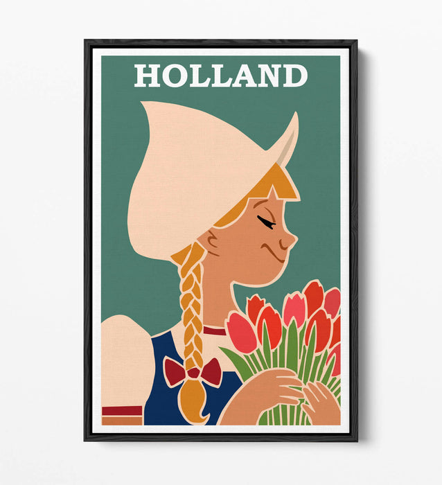 RETRO VINTAGE HOLLAND TRAVEL POSTER -FLOAT EFFECT CANVAS ART PRINT- TEAL