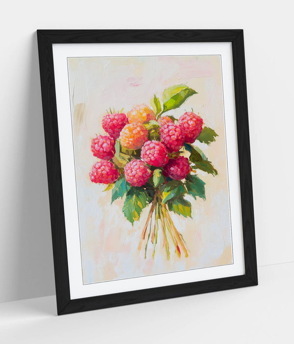 Red Raspberry Wall Art – Framed Poster Print With Woodgrain Frame Finish