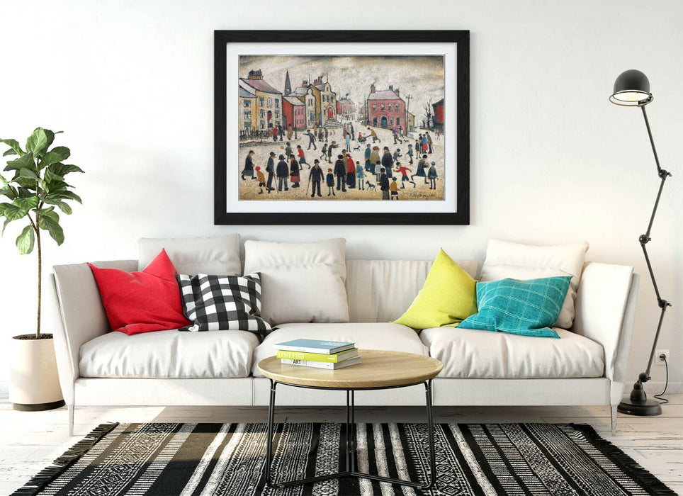 LS LOWRY, PEOPLE STANDING ABOUT -FRAMED POSTER WALL ART PRINT ARTWORK- BEIGE