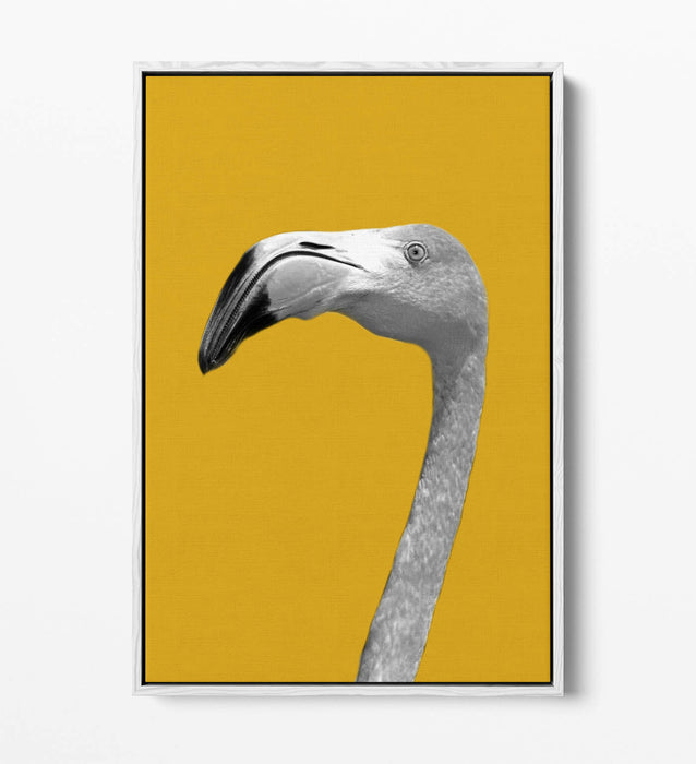 FLAMINGO HEAD YELLOW MUSTARD -FLOAT EFFECT CANVAS WALL ART PIC PRINT