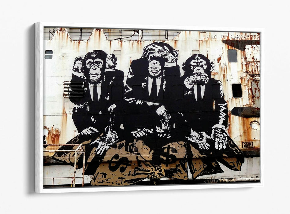 BANKSY 3 WISE MONKEYS -FLOAT EFFECT CANVAS WALL ART PIC PRINT- WHITE BEIGE
