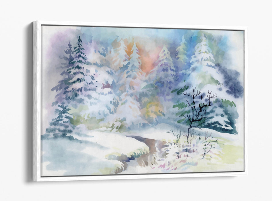Canvas Wall Art Print – Watercolour Forest Winter Illustration With Float Effect Frame