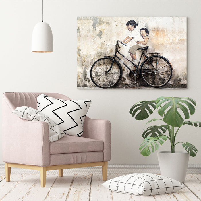 KIDS ON BIKE CANVAS WALL GRAFFITI ART PRINT ARTWORK FRAMED POSTER NOT BANKSY