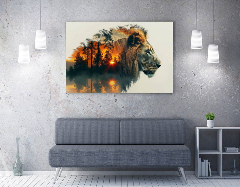Lion Canvas Wall Art - Forest Sunset Decor | Handmade Contemporary Home Art Print