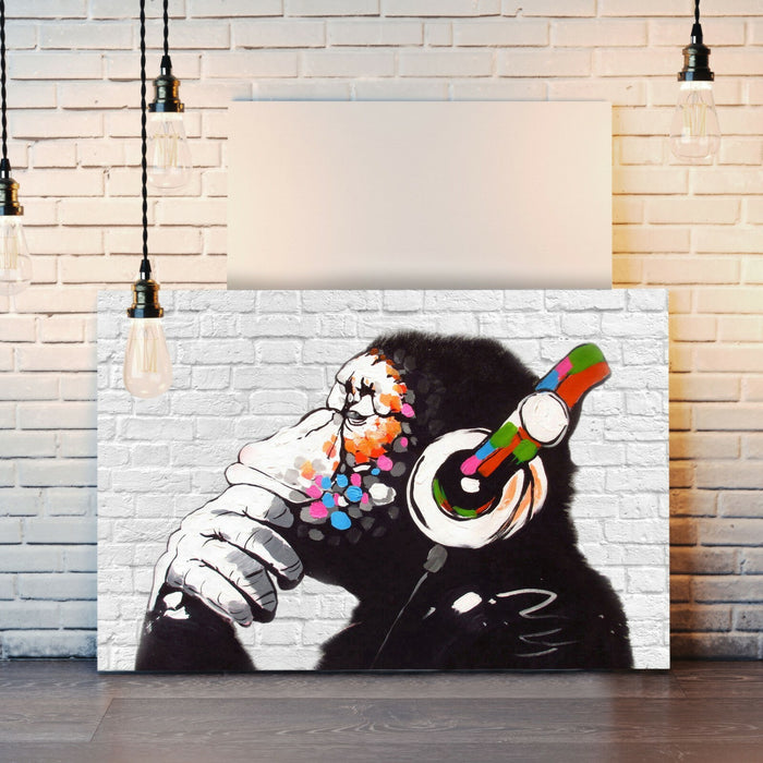 MONKEY DJ BANKSY WHITE BRICK CANVAS STREET WALL ART PRINT ARTWORK -  GORILLA