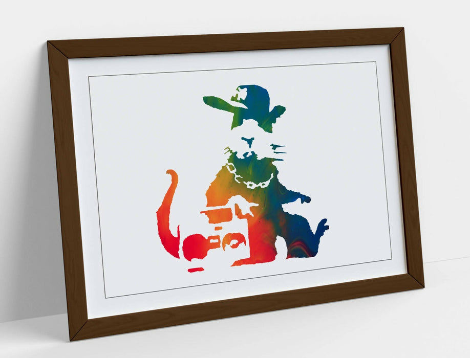 BANKSY, GANGSTA RAT RAINBOW ART EFFECT -FRAMED WALL ART PICTURE PRINT