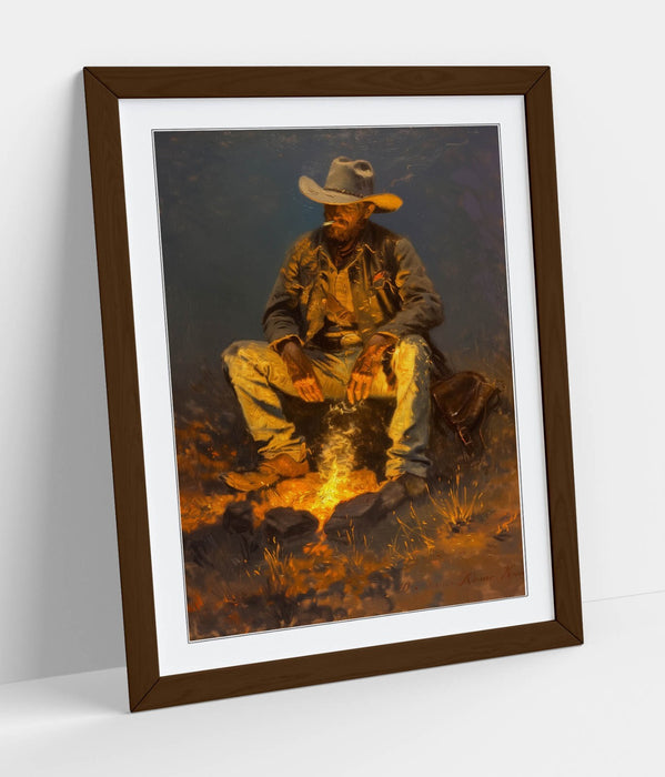 Framed Wall Art Cowboy Smoking By Campfire - Rustic Woodgrain Frame Print