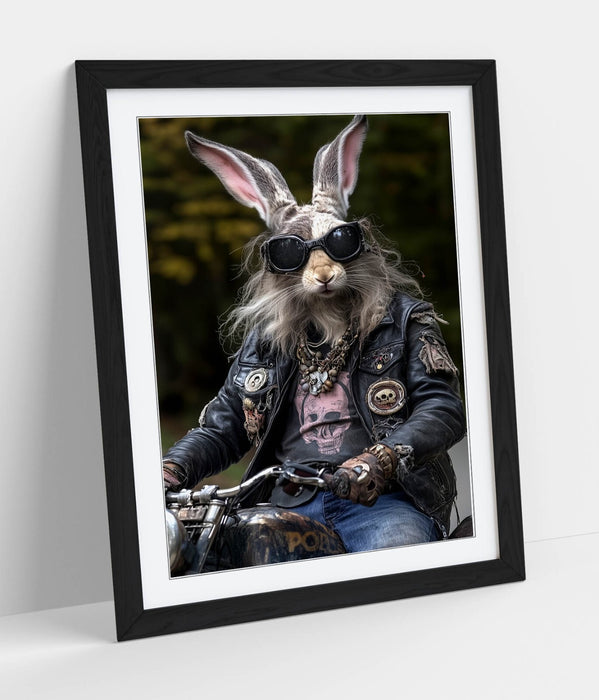 Framed Wall Art Poster - Funny Biker Rabbit Print With High Quality Wood Frame