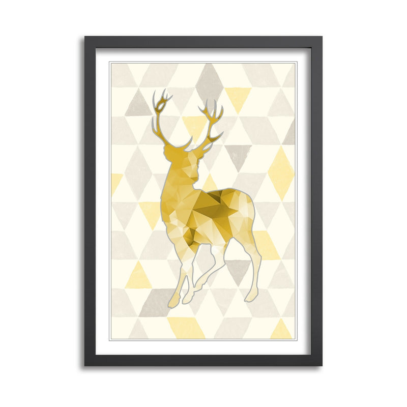Framed Wall Art Print - Mustard Yellow Geometric Stag Artwork With Natural Wood Frame