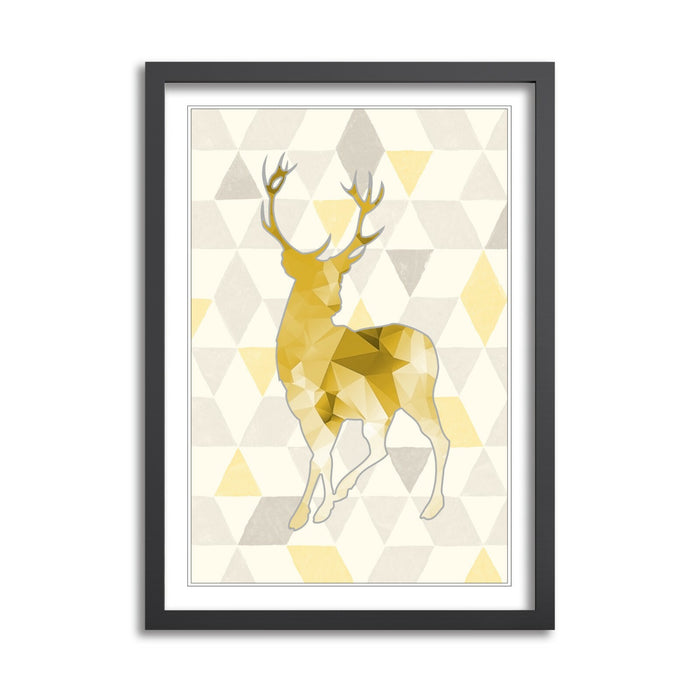 Framed Wall Art Print - Mustard Yellow Geometric Stag Artwork With Natural Wood Frame