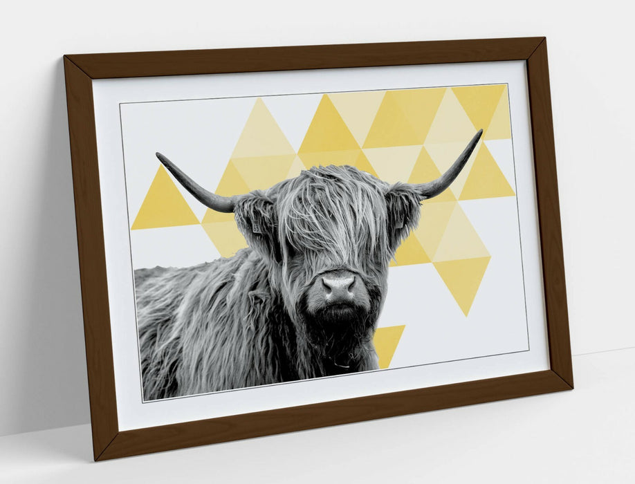 HIGHLAND COW YELLOW SPARSE GEOMETRIC -ART FRAMED POSTER PICTURE PRINT ARTWORK-