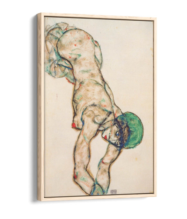 EGON SCHIELE, FEMALE NUDE WITH GREEN HOOD-FLOAT EFFECT CANVAS WALL ART PIC PRINT