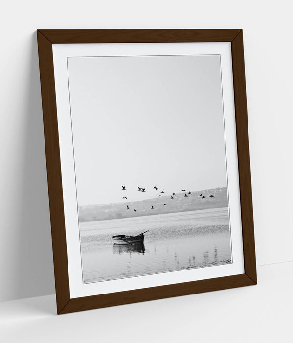 Framed Wall Art Poster - Black White Birds Flying Over Boat | UK Handmade Matte Print