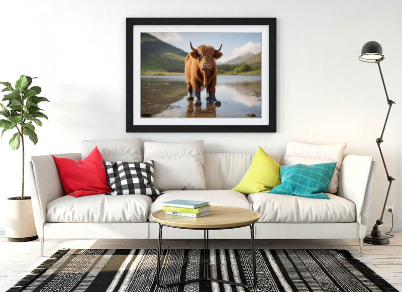 Highland Cow Wall Art - Framed Funny Animal Poster with Welly Boots Decor