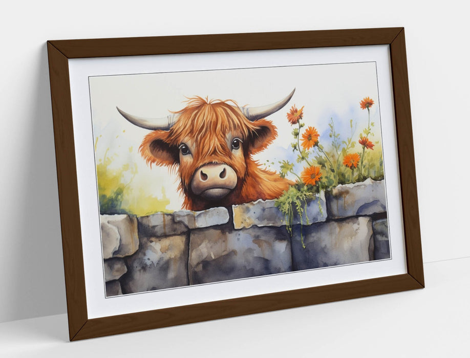 Highland Cow Wall Art – Framed Rustic Home Decor with Woodgrain Frame