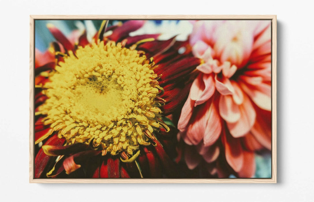VINTAGE FLOWER -FLOAT EFFECT CANVAS WALL ART PIC PRINT- YELLOW RED PINK