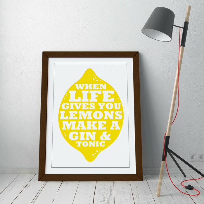 "LIFE LEMONS GIN & TONIC" FUNNY QUOTE KITCHEN -FRAMED WALL ART PICTURE PRINT